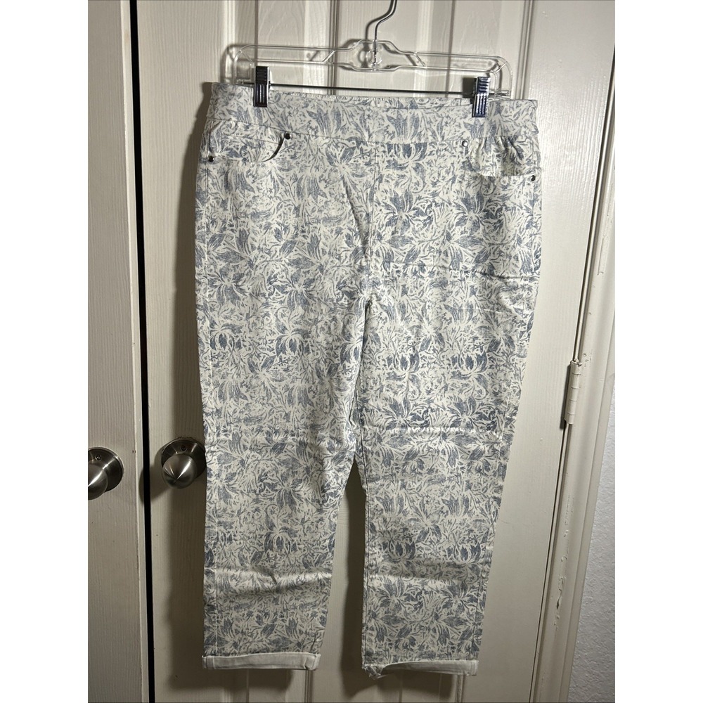 Mario Serrani Women‎ L Stretch Pull On Pants Ivory and White Floral